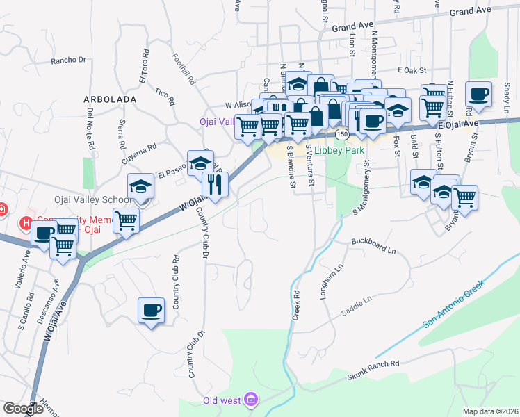 map of restaurants, bars, coffee shops, grocery stores, and more near 614 Crestview Drive in Ojai