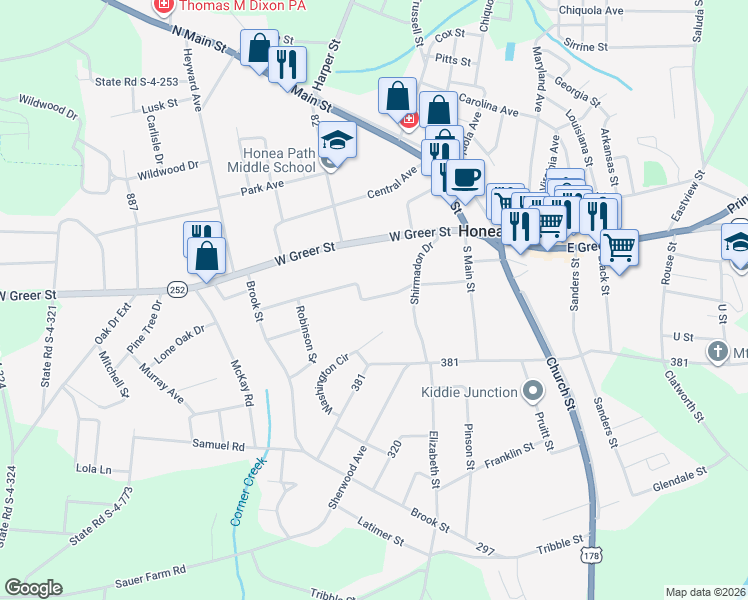 map of restaurants, bars, coffee shops, grocery stores, and more near 114 Ervin Street in Honea Path