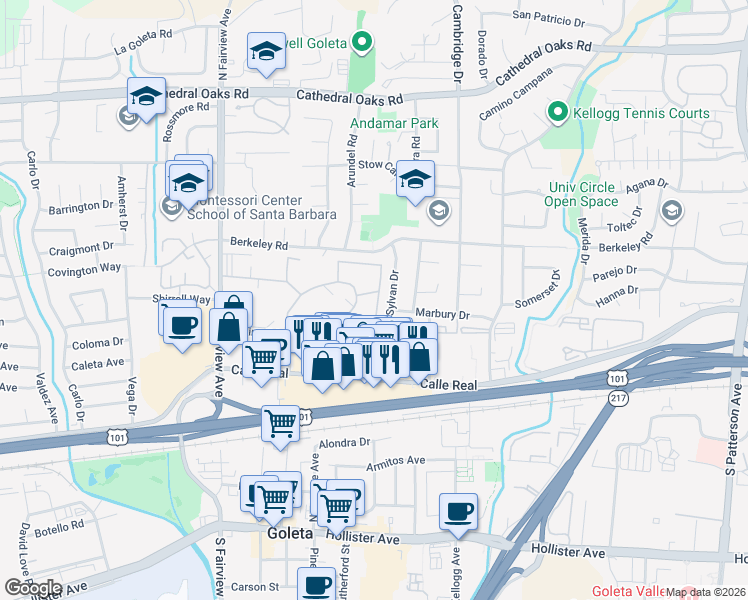 map of restaurants, bars, coffee shops, grocery stores, and more near 333 Moreton Bay Lane in Goleta
