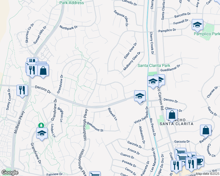 map of restaurants, bars, coffee shops, grocery stores, and more near 23211 Cuestport Drive in Santa Clarita