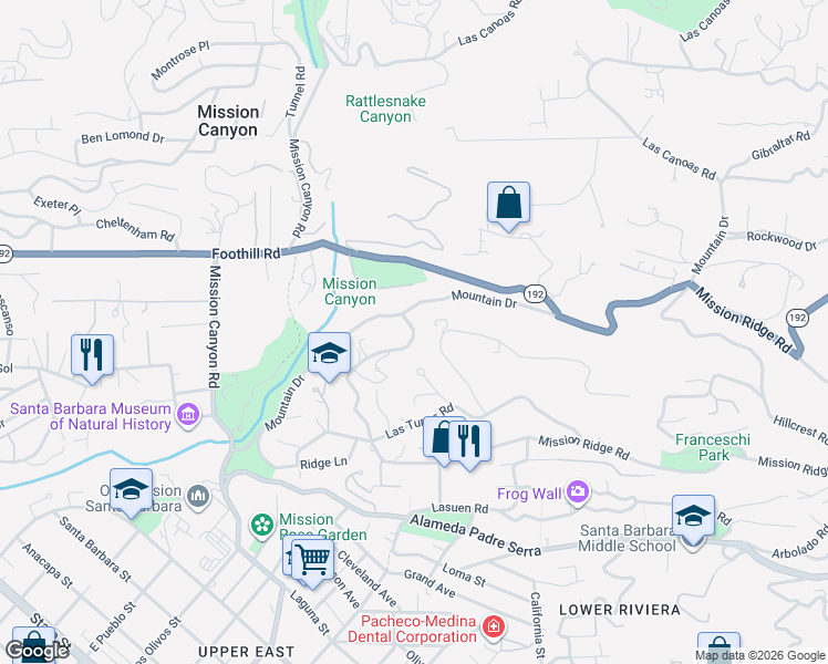 map of restaurants, bars, coffee shops, grocery stores, and more near 1075 Tremonto Road in Santa Barbara