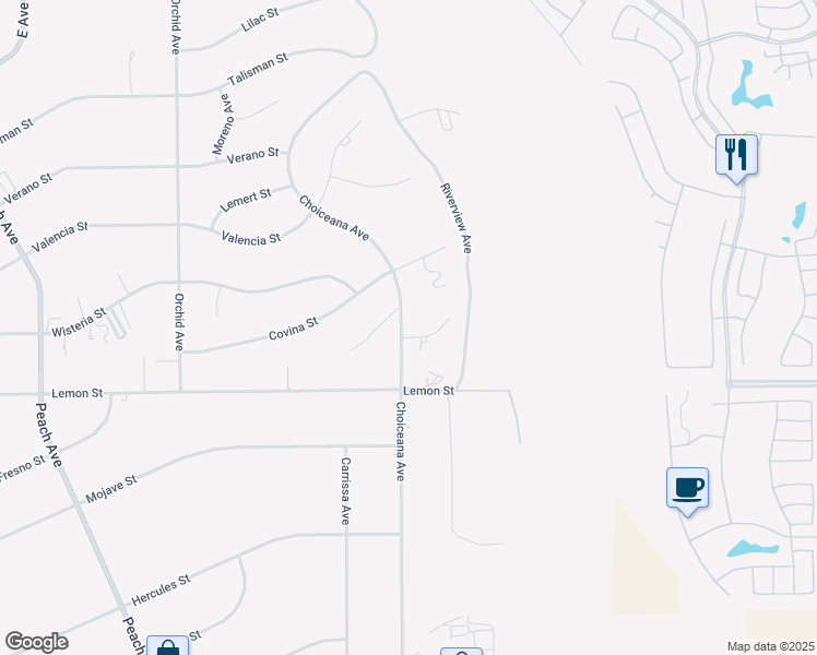 map of restaurants, bars, coffee shops, grocery stores, and more near 18910 Choiceana Court in Hesperia