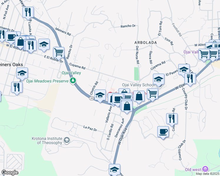 map of restaurants, bars, coffee shops, grocery stores, and more near 410 Church Road in Ojai