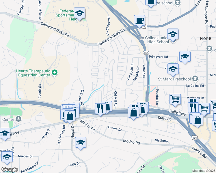map of restaurants, bars, coffee shops, grocery stores, and more near 333 Old Mill Road in Santa Barbara