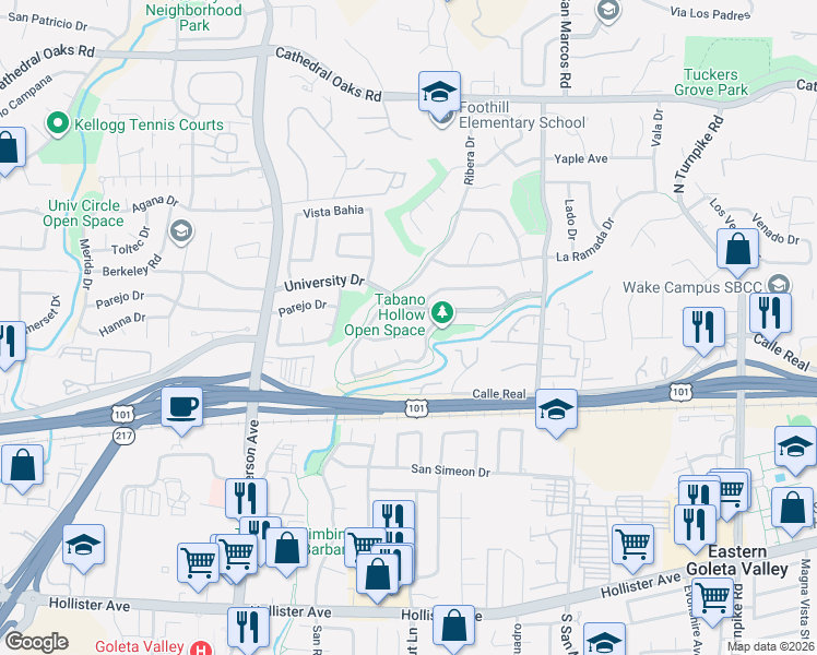 map of restaurants, bars, coffee shops, grocery stores, and more near 5121 University Drive in Santa Barbara