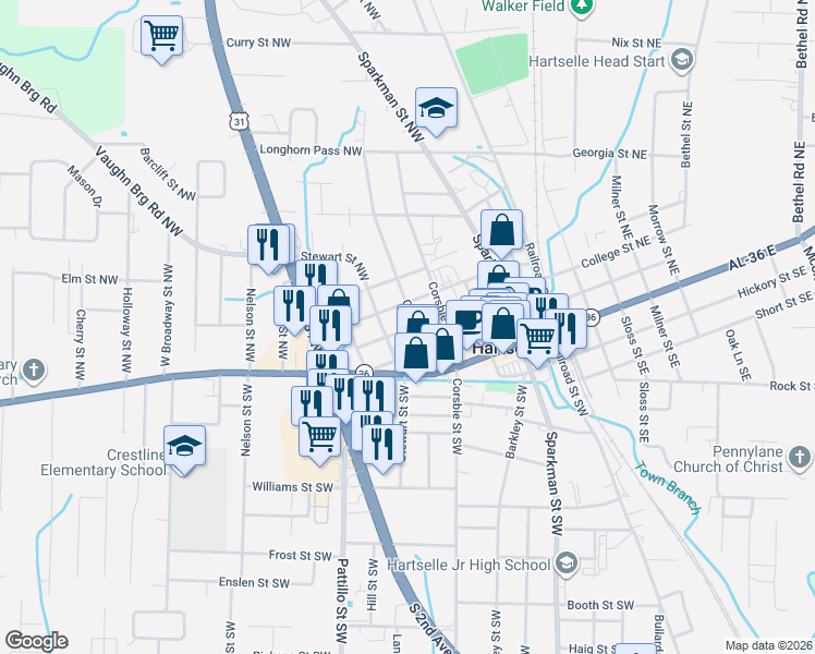 map of restaurants, bars, coffee shops, grocery stores, and more near 413 College Street Northwest in Hartselle