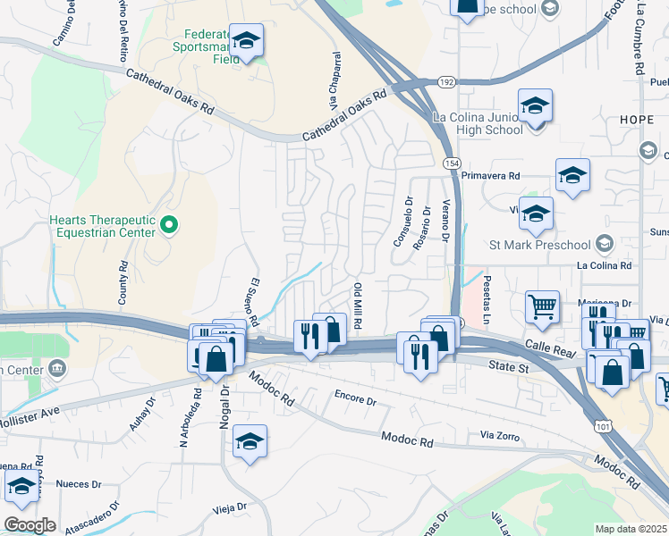map of restaurants, bars, coffee shops, grocery stores, and more near 333 Old Mill Road in Santa Barbara