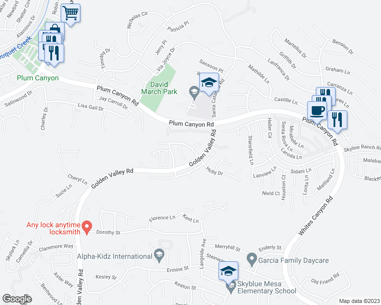 map of restaurants, bars, coffee shops, grocery stores, and more near 19920 Holly Drive in Santa Clarita