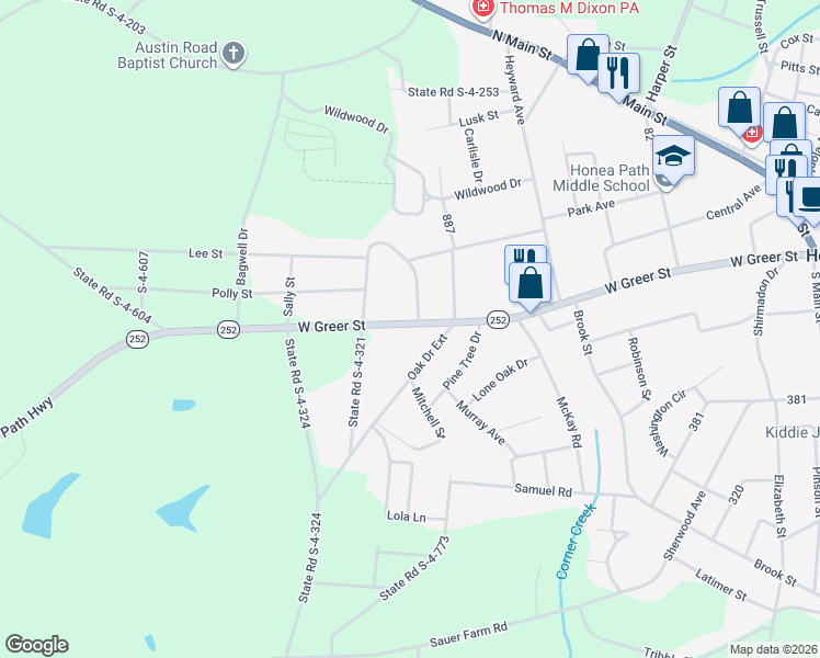 map of restaurants, bars, coffee shops, grocery stores, and more near 700 West Greer Street in Honea Path