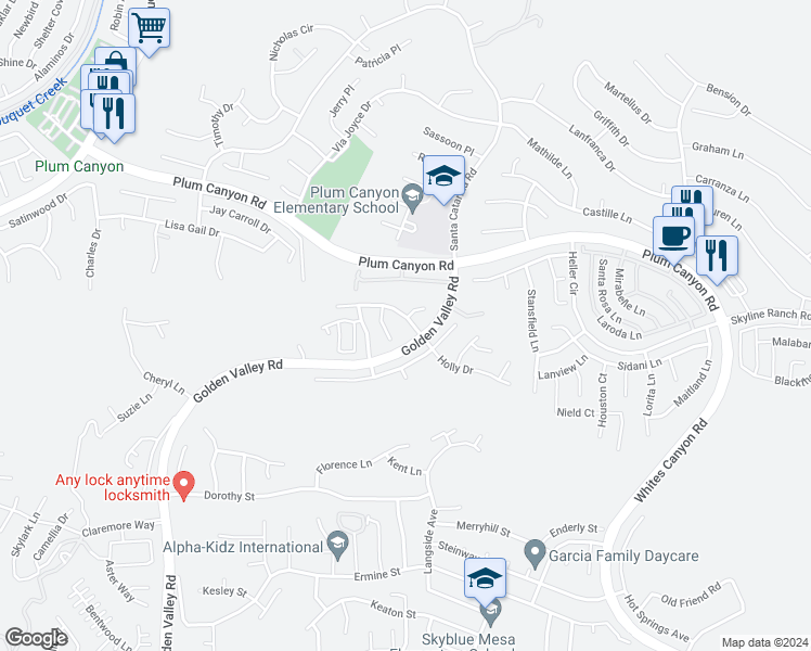 map of restaurants, bars, coffee shops, grocery stores, and more near 19920 Holly Drive in Santa Clarita