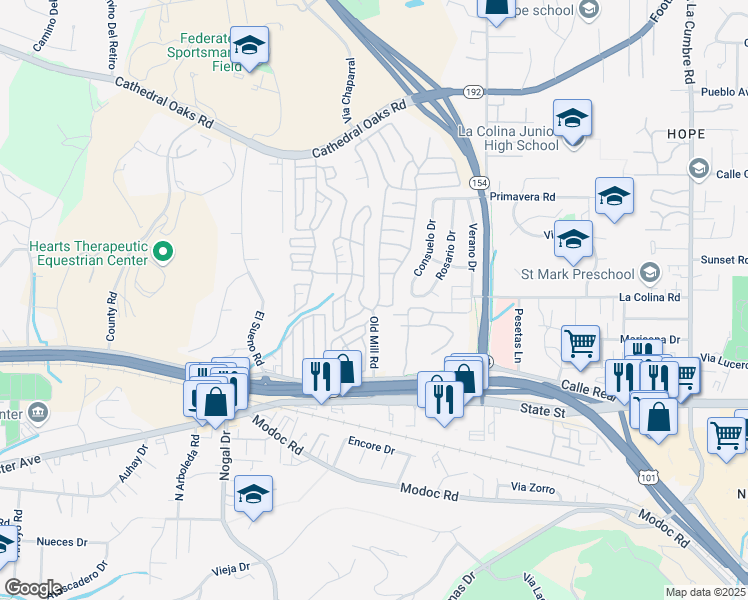 map of restaurants, bars, coffee shops, grocery stores, and more near 340 Old Mill Road in Santa Barbara