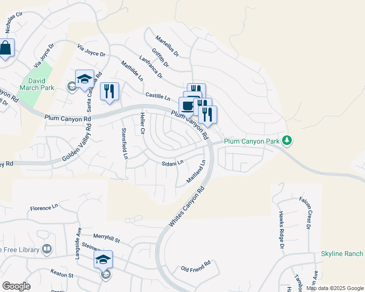 map of restaurants, bars, coffee shops, grocery stores, and more near 19358 Laroda Lane in Santa Clarita