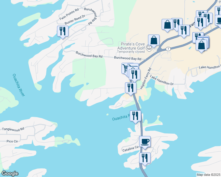 map of restaurants, bars, coffee shops, grocery stores, and more near 201 Peters Point in Hot Springs