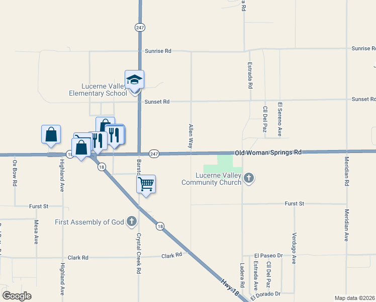 map of restaurants, bars, coffee shops, grocery stores, and more near in Lucerne Valley