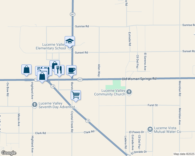 map of restaurants, bars, coffee shops, grocery stores, and more near 2 Old Woman Springs Road in Yucca Valley