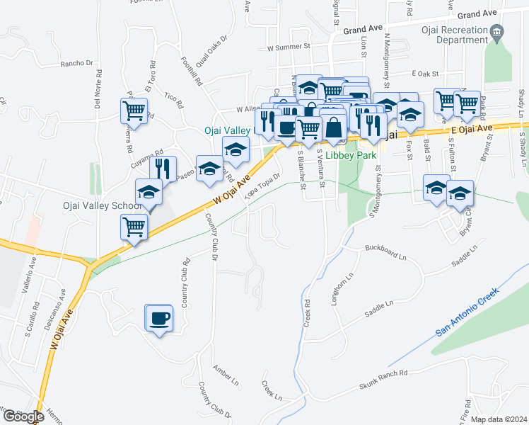 map of restaurants, bars, coffee shops, grocery stores, and more near 320 Crestview Drive in Ojai