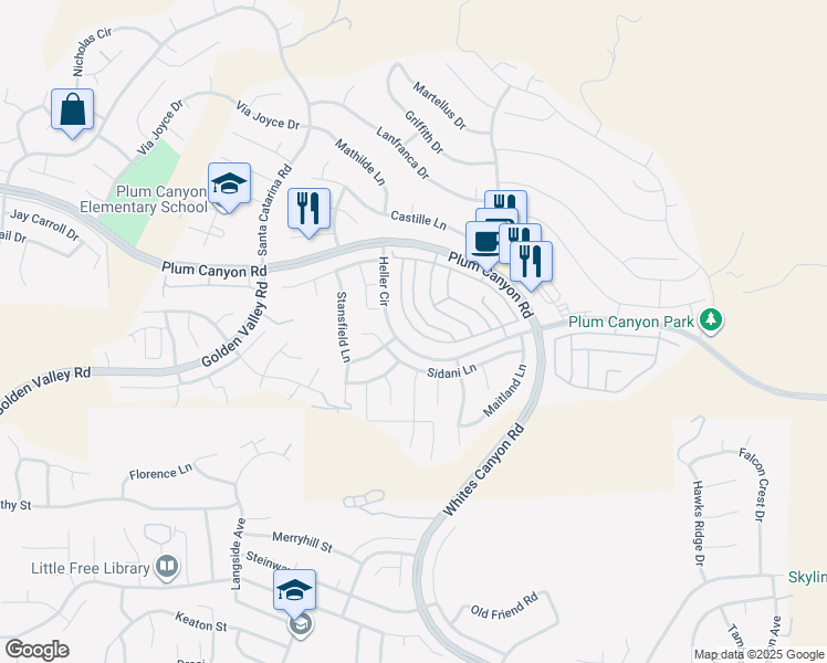 map of restaurants, bars, coffee shops, grocery stores, and more near 19460 Laroda Lane in Santa Clarita