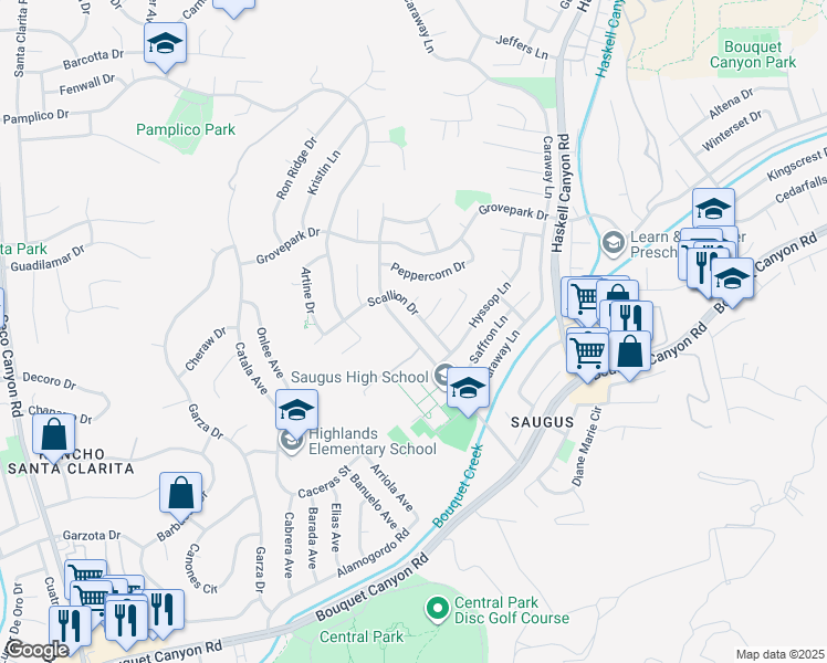map of restaurants, bars, coffee shops, grocery stores, and more near 27526 Lovage Court in Santa Clarita