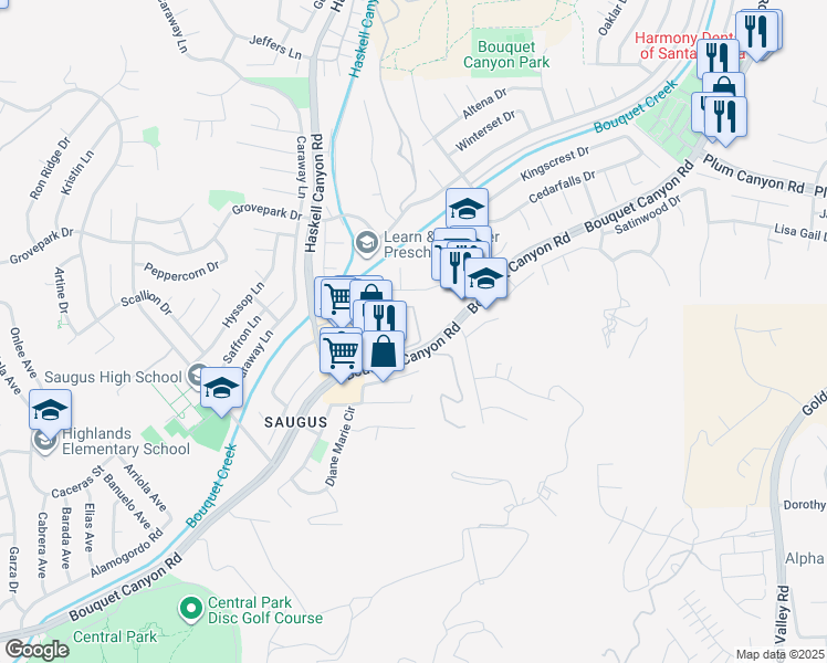 map of restaurants, bars, coffee shops, grocery stores, and more near 27620 Susan Beth Way in Santa Clarita