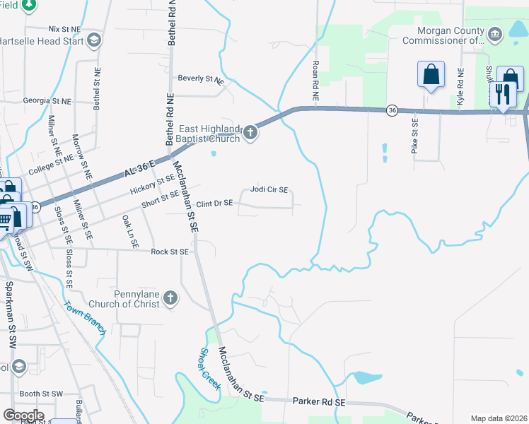map of restaurants, bars, coffee shops, grocery stores, and more near 1101 Clint Drive Southeast in Hartselle