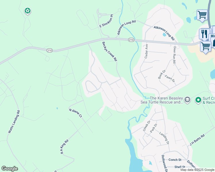 map of restaurants, bars, coffee shops, grocery stores, and more near 204 North Brig Drive in Hampstead