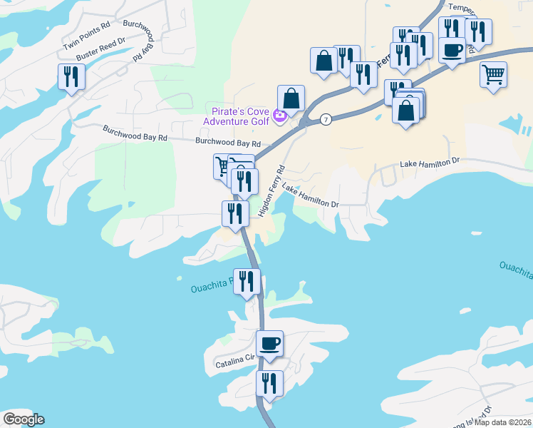 map of restaurants, bars, coffee shops, grocery stores, and more near 2344 Higdon Ferry Road in Hot Springs