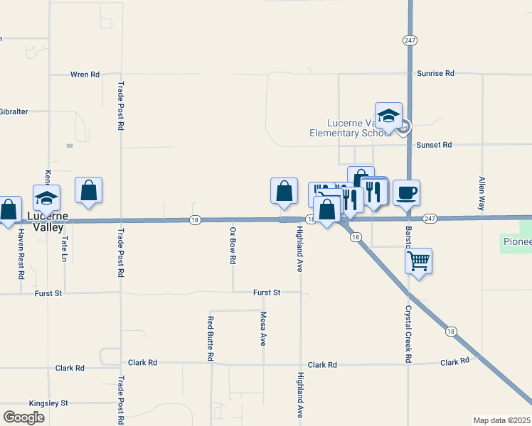 map of restaurants, bars, coffee shops, grocery stores, and more near 32500 California 18 in Lucerne Valley