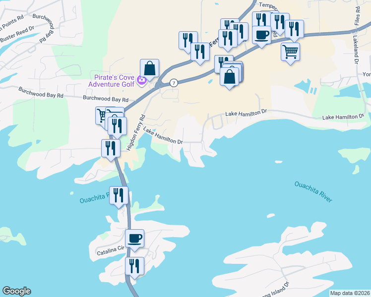 map of restaurants, bars, coffee shops, grocery stores, and more near 189 Lake Hamilton Drive in Hot Springs