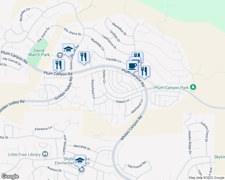 map of restaurants, bars, coffee shops, grocery stores, and more near 19427 Laroda Lane in Santa Clarita