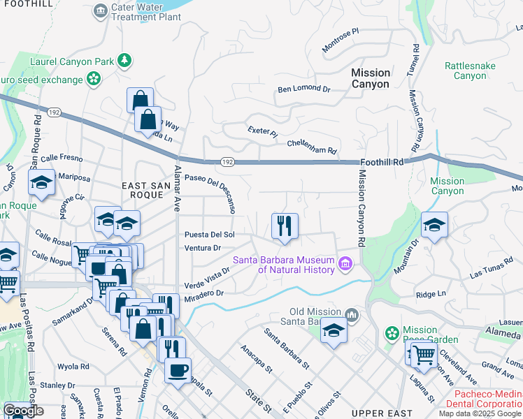 map of restaurants, bars, coffee shops, grocery stores, and more near 2895 Glendessary Lane in Santa Barbara