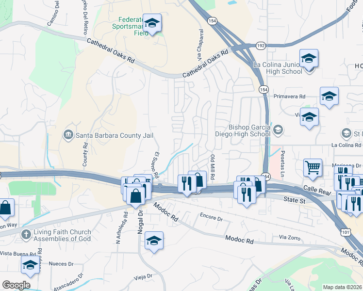 map of restaurants, bars, coffee shops, grocery stores, and more near 333 Old Mill Road in Santa Barbara