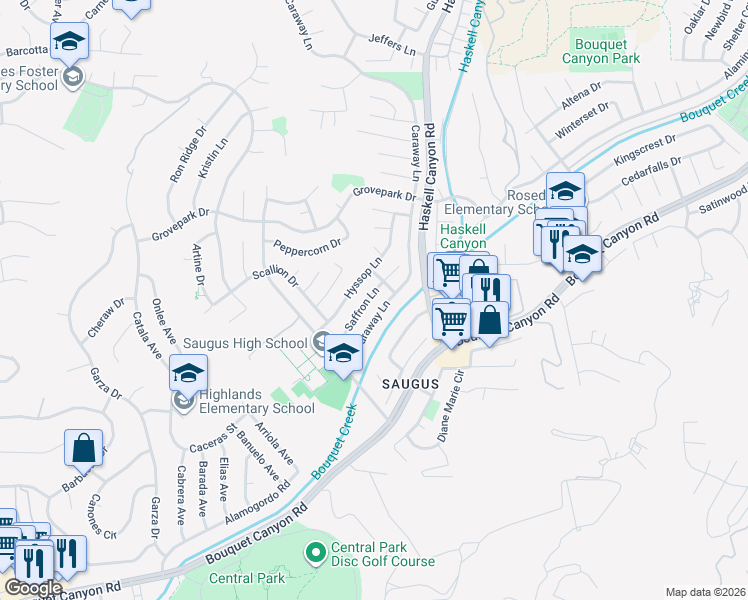 map of restaurants, bars, coffee shops, grocery stores, and more near 27626 Saffron Lane in Santa Clarita
