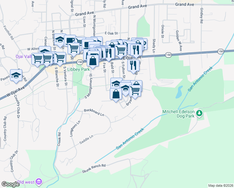 map of restaurants, bars, coffee shops, grocery stores, and more near 428 Bryant Circle in Ojai