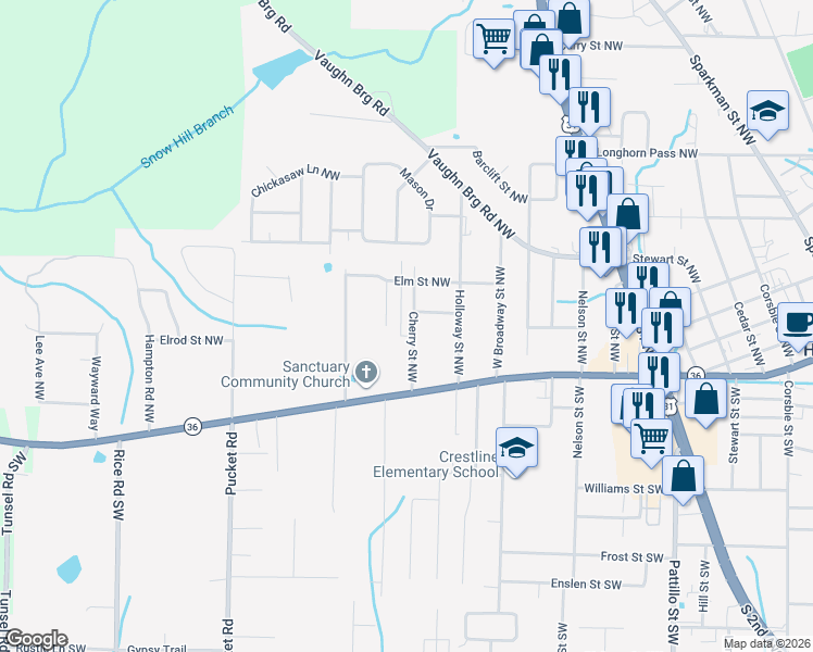 map of restaurants, bars, coffee shops, grocery stores, and more near 1008 Beech Street Northwest in Hartselle