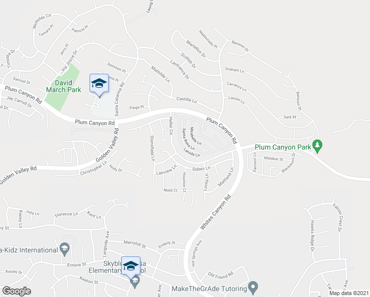 map of restaurants, bars, coffee shops, grocery stores, and more near 19427 Laroda Lane in Santa Clarita