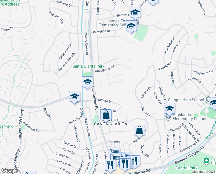 map of restaurants, bars, coffee shops, grocery stores, and more near 27209 Corry Place in Santa Clarita