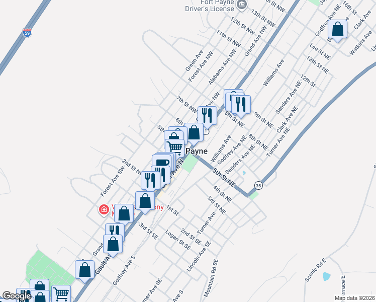 map of restaurants, bars, coffee shops, grocery stores, and more near in Fort Payne
