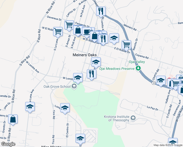 map of restaurants, bars, coffee shops, grocery stores, and more near 344 South Pueblo Avenue in Ojai
