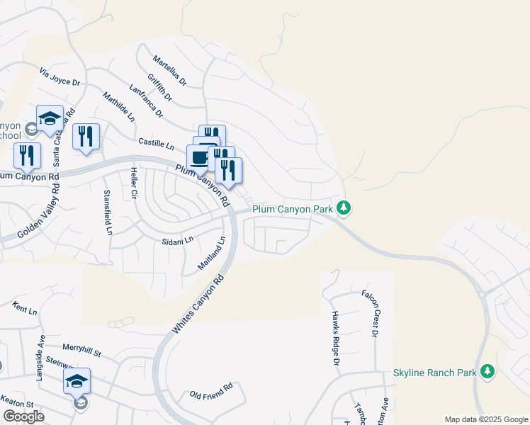 map of restaurants, bars, coffee shops, grocery stores, and more near 19185 Merryweather Drive in Santa Clarita