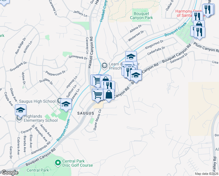 map of restaurants, bars, coffee shops, grocery stores, and more near 27640 Susan Beth Way in Santa Clarita