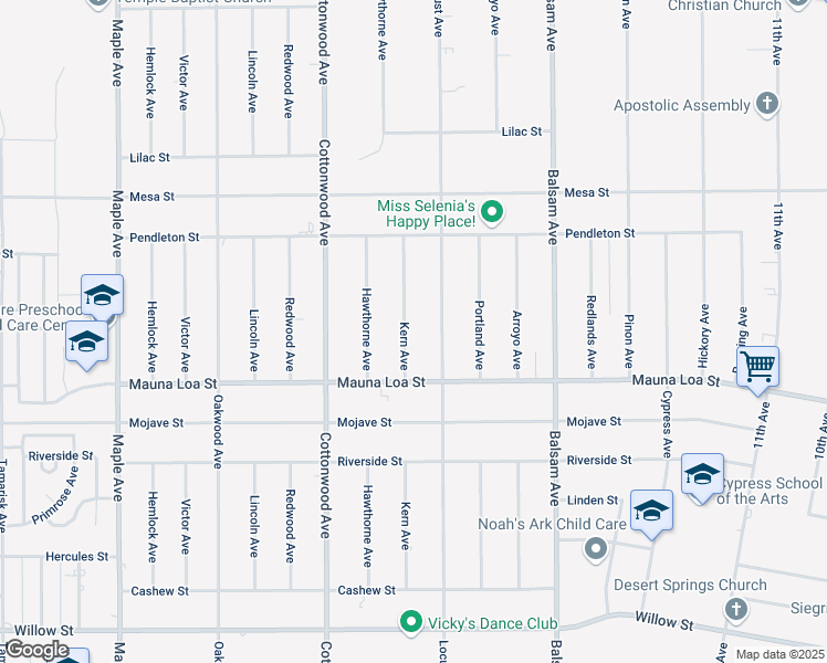 map of restaurants, bars, coffee shops, grocery stores, and more near 10659 Kern Avenue in Hesperia