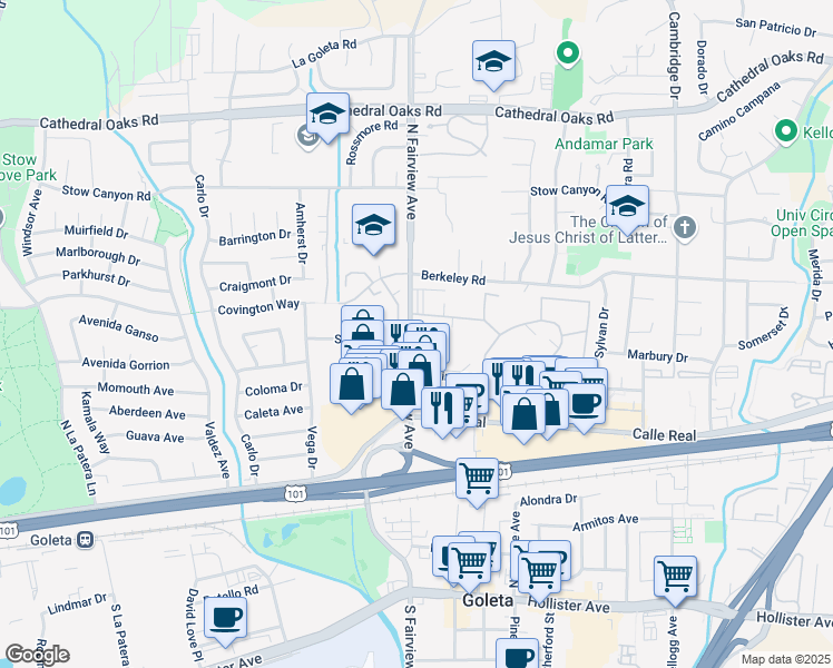 map of restaurants, bars, coffee shops, grocery stores, and more near 320 North Fairview Avenue in Goleta