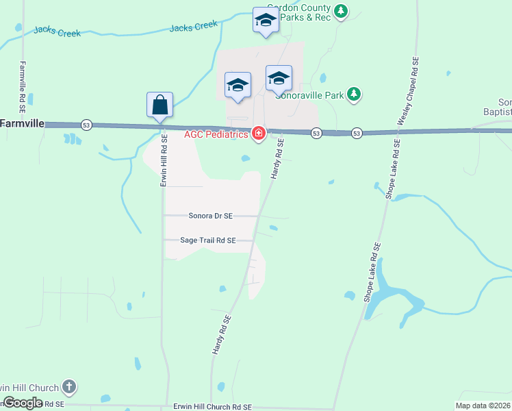 map of restaurants, bars, coffee shops, grocery stores, and more near 243 Bud Hardy Road Southeast in Calhoun