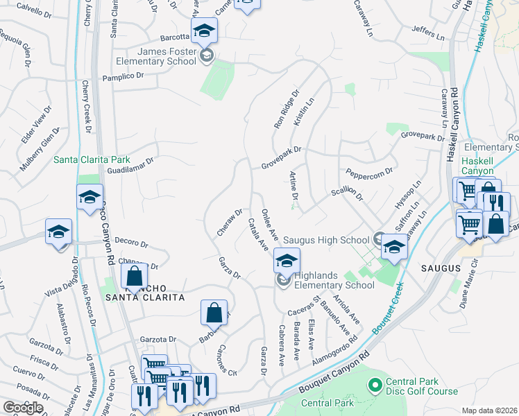 map of restaurants, bars, coffee shops, grocery stores, and more near 27445 Onlee Avenue in Santa Clarita