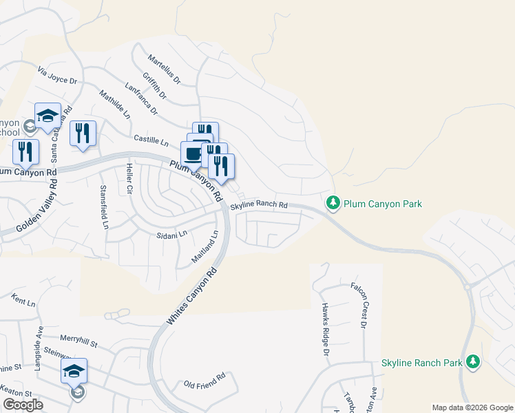 map of restaurants, bars, coffee shops, grocery stores, and more near 19185 Merryweather Drive in Santa Clarita