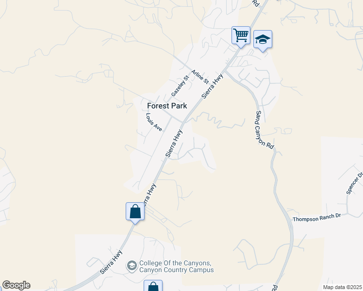 map of restaurants, bars, coffee shops, grocery stores, and more near 16745 Sierra Highway in Los Angeles County