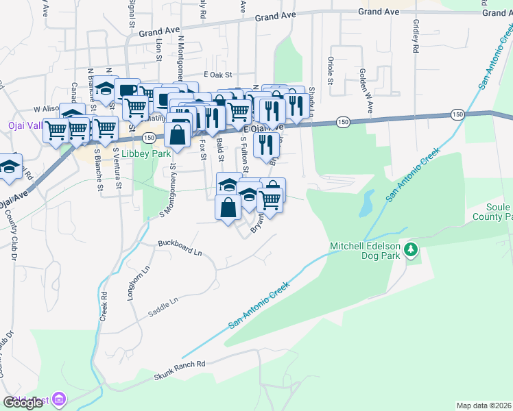 map of restaurants, bars, coffee shops, grocery stores, and more near 407 Bryant Circle in Ojai