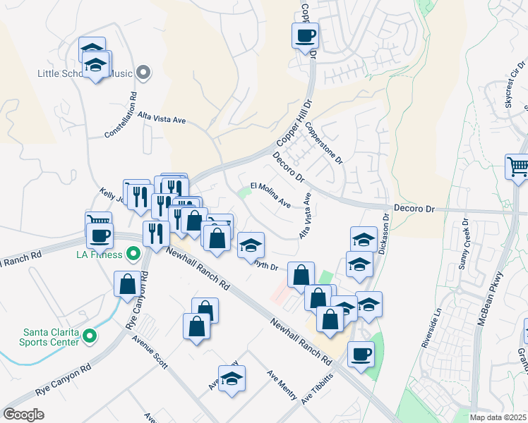 map of restaurants, bars, coffee shops, grocery stores, and more near 24362 Las Palmas Street in Santa Clarita
