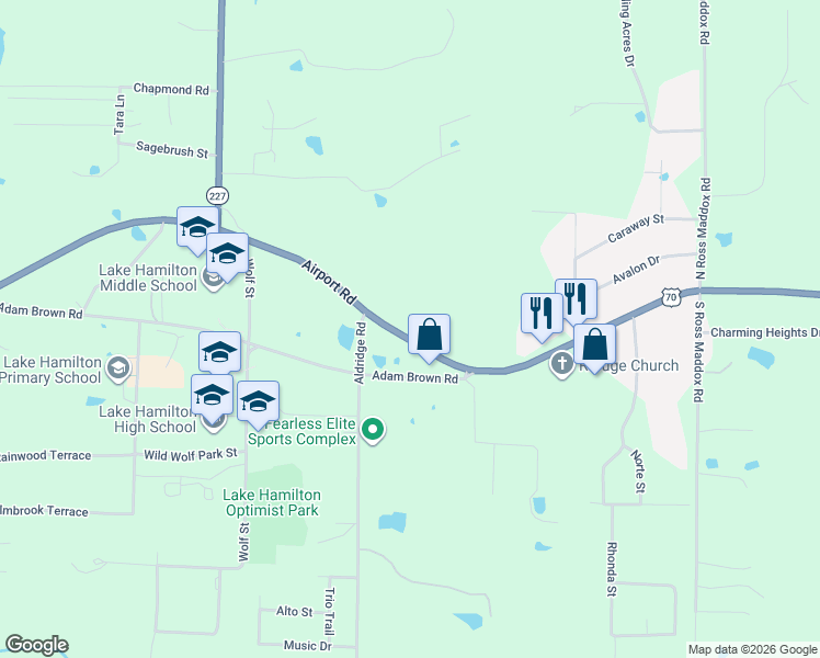 map of restaurants, bars, coffee shops, grocery stores, and more near 3364 Airport Road in Pearcy