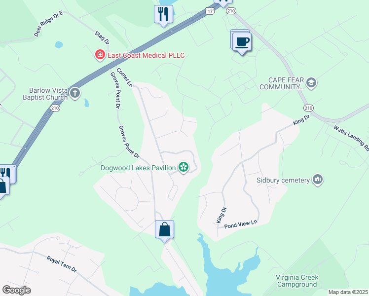 map of restaurants, bars, coffee shops, grocery stores, and more near 114 Roughleaf Trail in Hampstead